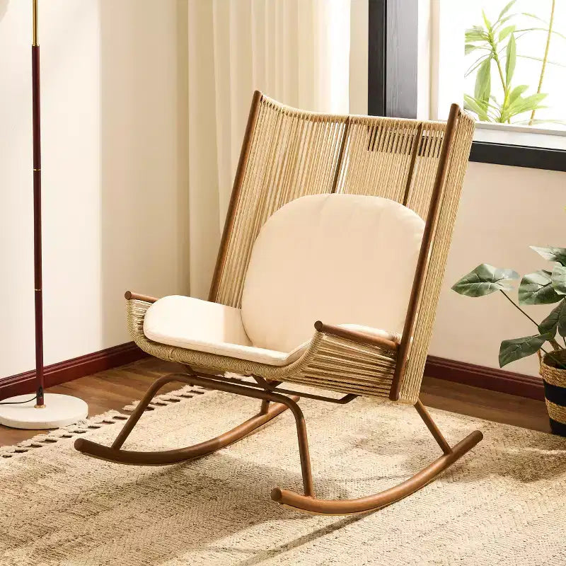 ModernLuxe Outdoor Rocking Chair with High Arc Backrest & Cushion, PE Rattan Patio Rocker, Modern Wicker Lounge Chair