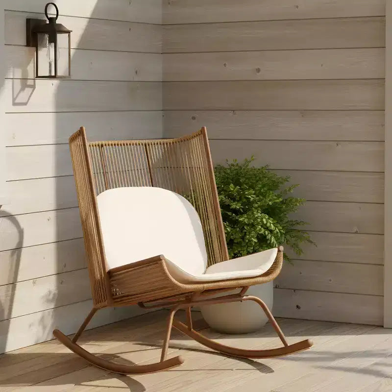 ModernLuxe Outdoor Rocking Chair with High Arc Backrest & Cushion, PE Rattan Patio Rocker, Modern Wicker Lounge Chair