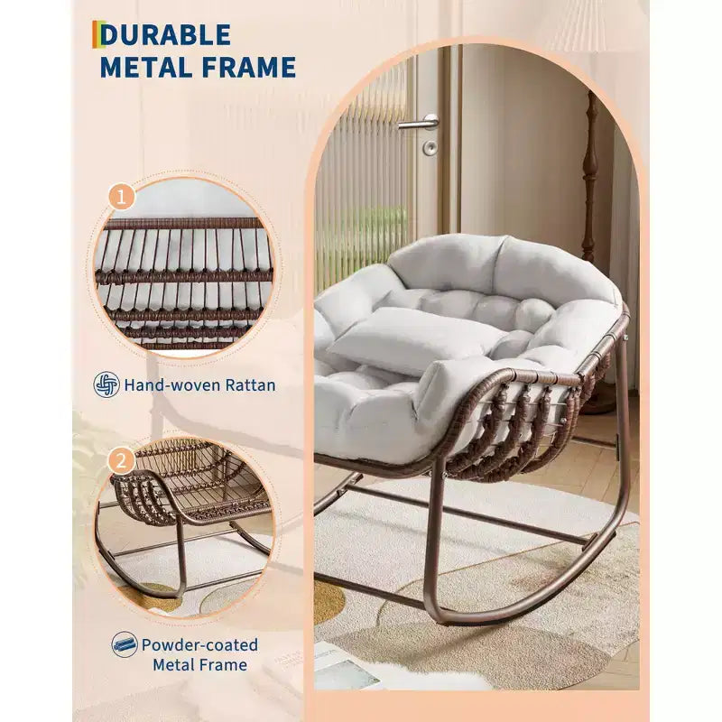 Large Indoor Outdoor Rocking Chair, Oversized Rocking Papasan Chair with Thick Cushion and Frame Outdoor Rocker, Comfy Wicker Egg Chairs Lounge
