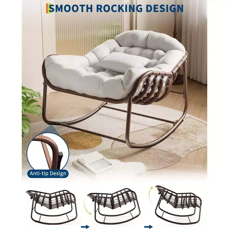 Large Indoor Outdoor Rocking Chair, Oversized Rocking Papasan Chair with Thick Cushion and Frame Outdoor Rocker, Comfy Wicker Egg Chairs Lounge