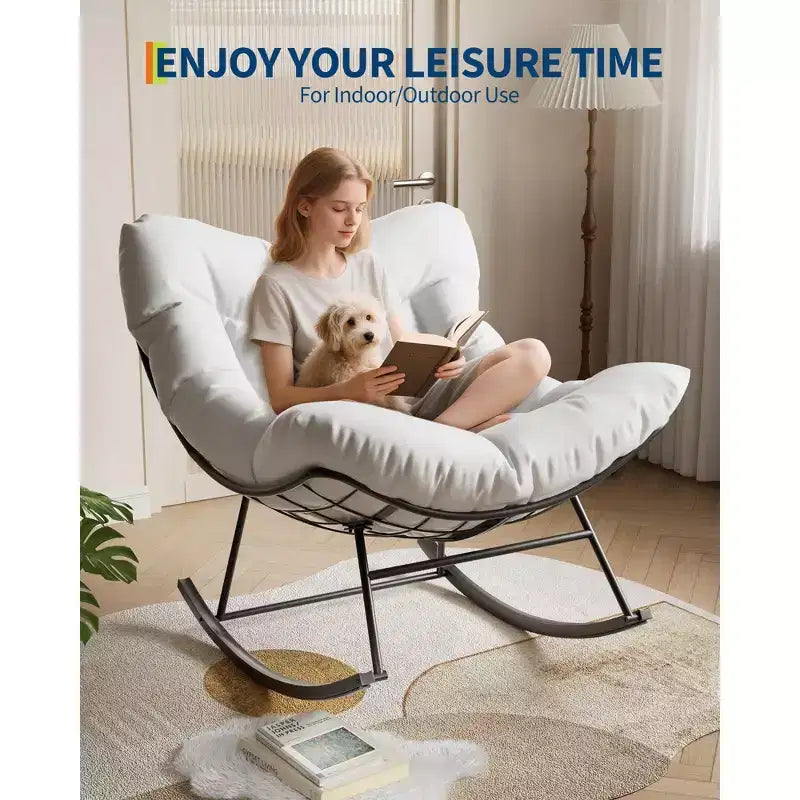 Oversized Papasan Rocking Chair for Adults Indoor/Outdoor, 400lbs Heavy Duty Steel Frame with Extra Thick Cushion, Comfy Egg Swing Chair