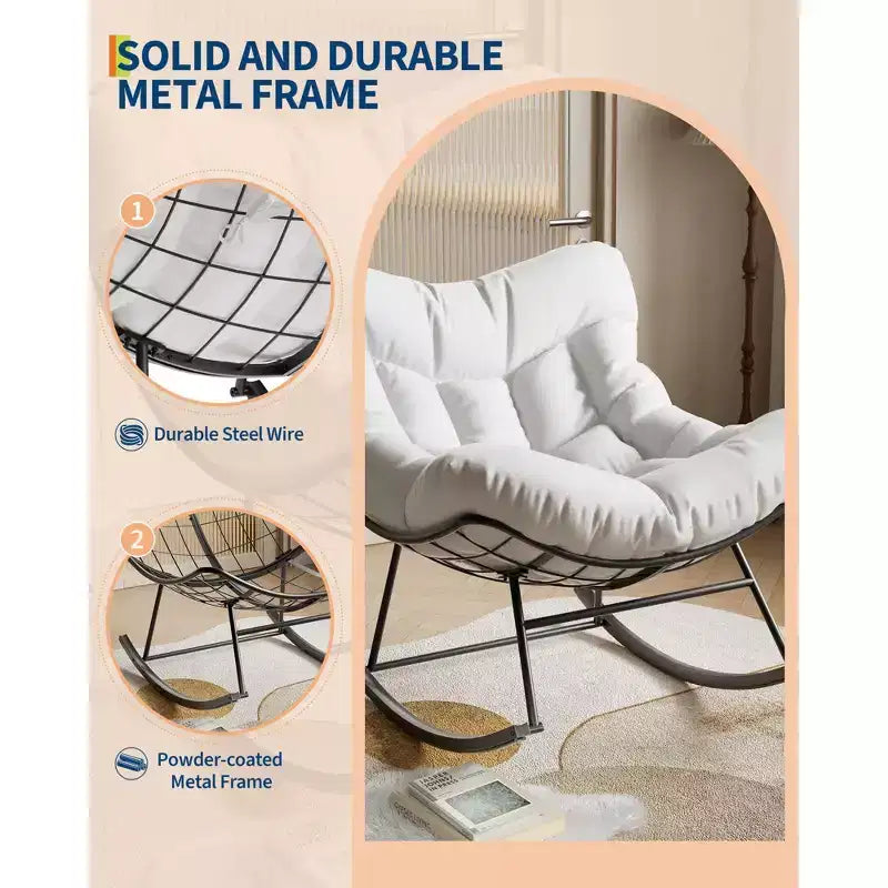 Oversized Papasan Rocking Chair for Adults Indoor/Outdoor, 400lbs Heavy Duty Steel Frame with Extra Thick Cushion, Comfy Egg Swing Chair