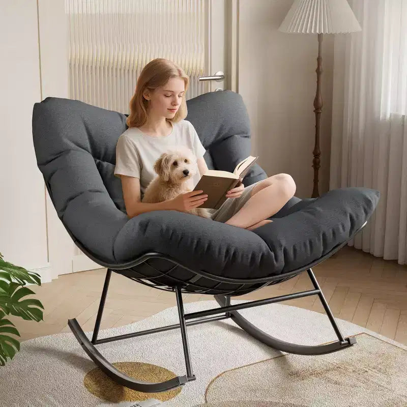 Oversized Papasan Rocking Chair for Adults Indoor/Outdoor, 400lbs Heavy Duty Steel Frame with Extra Thick Cushion, Comfy Egg Swing Chair