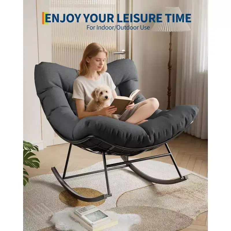 Oversized Papasan Rocking Chair for Adults Indoor/Outdoor, 400lbs Heavy Duty Steel Frame with Extra Thick Cushion, Comfy Egg Swing Chair