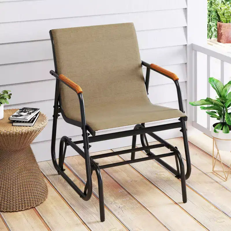 Costway Patio Glider Chair w/ Curved Teak Armrests & Breathable Fabric Seat Outdoor