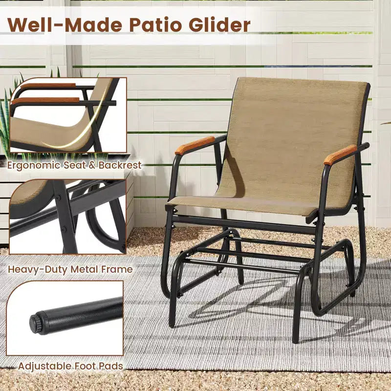 Costway Patio Glider Chair w/ Curved Teak Armrests & Breathable Fabric Seat Outdoor