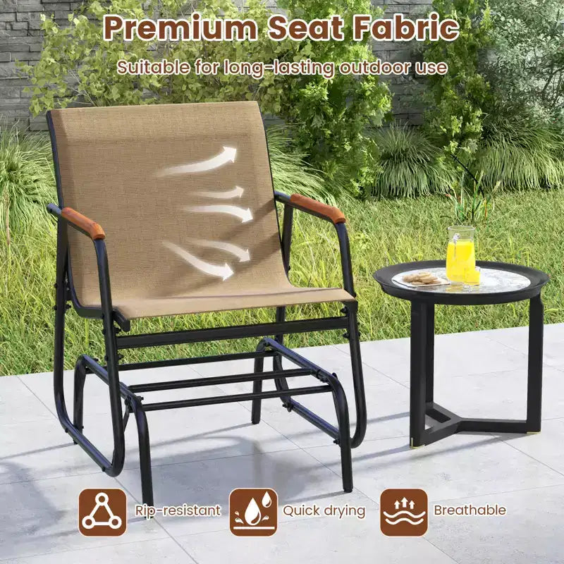 Costway Patio Glider Chair w/ Curved Teak Armrests & Breathable Fabric Seat Outdoor
