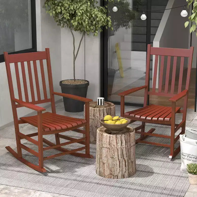 Outdoor Rocking Chair Set of 2, Patio Wooden Rocking Chair with Smooth Armrests, High Back for Garden, Balcony, Porch, Supports Up to 352 lbs