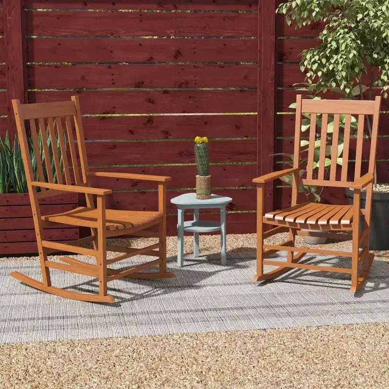 Outdoor Rocking Chair Set of 2, Patio Wooden Rocking Chair with Smooth Armrests, High Back for Garden, Balcony, Porch, Supports Up to 352 lbs