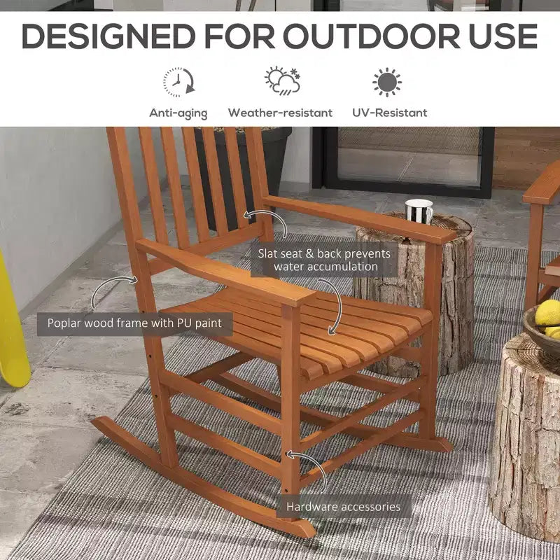 Outdoor Rocking Chair Set of 2, Patio Wooden Rocking Chair with Smooth Armrests, High Back for Garden, Balcony, Porch, Supports Up to 352 lbs