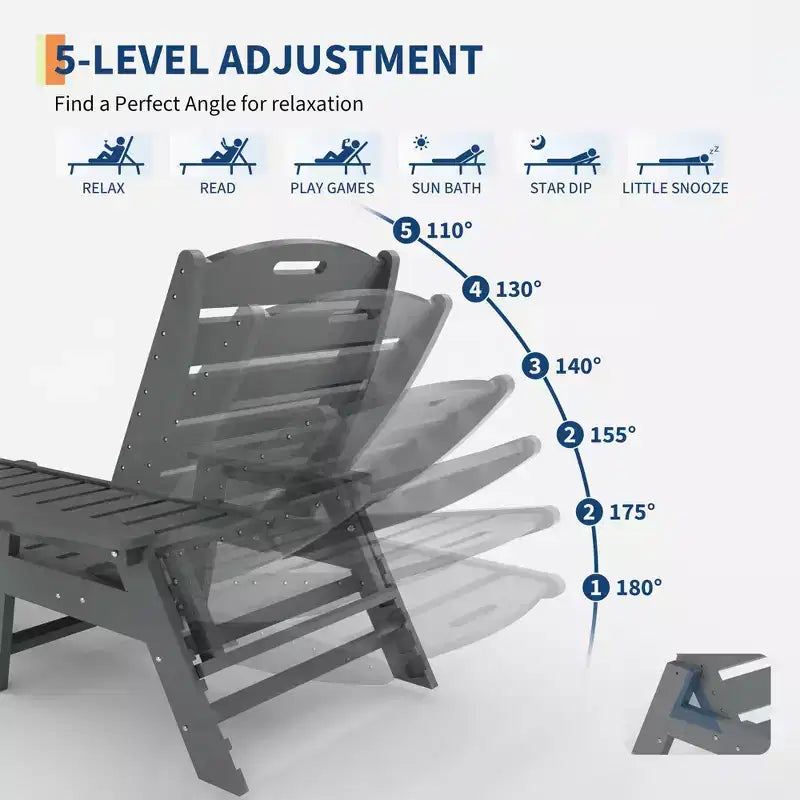 Oversized HDPE Folding Chaise Lounge Chair - 5-Position Adjustable, Integrated Cup Holder, Weather-Resistant Resin, for Patio Poolside Deck