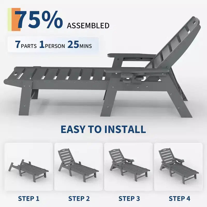 Oversized HDPE Folding Chaise Lounge Chair - 5-Position Adjustable, Integrated Cup Holder, Weather-Resistant Resin, for Patio Poolside Deck