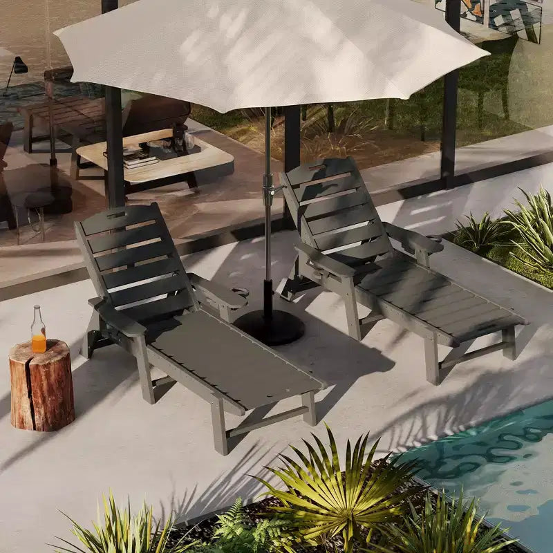 Oversized HDPE Folding Chaise Lounge Chair - 5-Position Adjustable, Integrated Cup Holder, Weather-Resistant Resin, for Patio Poolside Deck