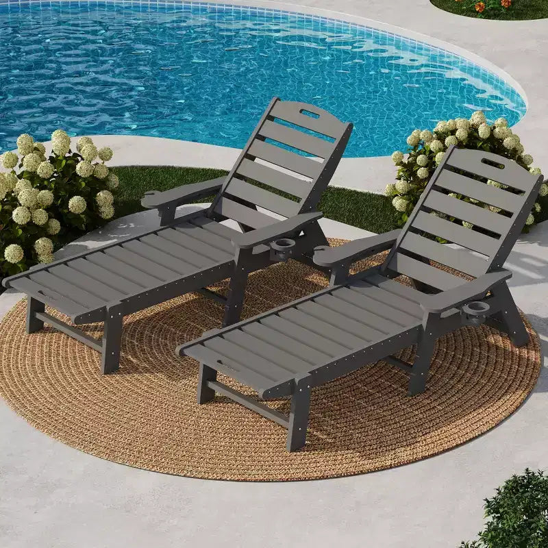 Oversized HDPE Folding Chaise Lounge Chair - 5-Position Adjustable, Integrated Cup Holder, Weather-Resistant Resin, for Patio Poolside Deck