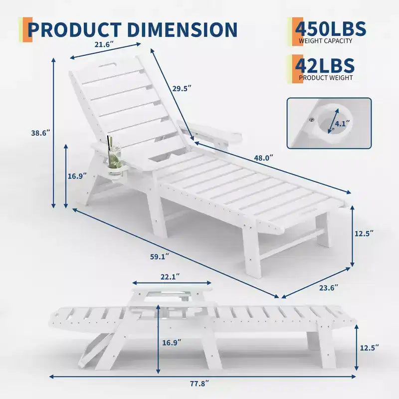 Oversized HDPE Folding Chaise Lounge Chair - 5-Position Adjustable, Integrated Cup Holder, Weather-Resistant Resin, for Patio Poolside Deck