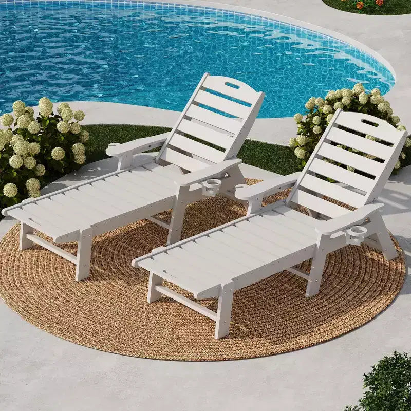 Oversized HDPE Folding Chaise Lounge Chair - 5-Position Adjustable, Integrated Cup Holder, Weather-Resistant Resin, for Patio Poolside Deck
