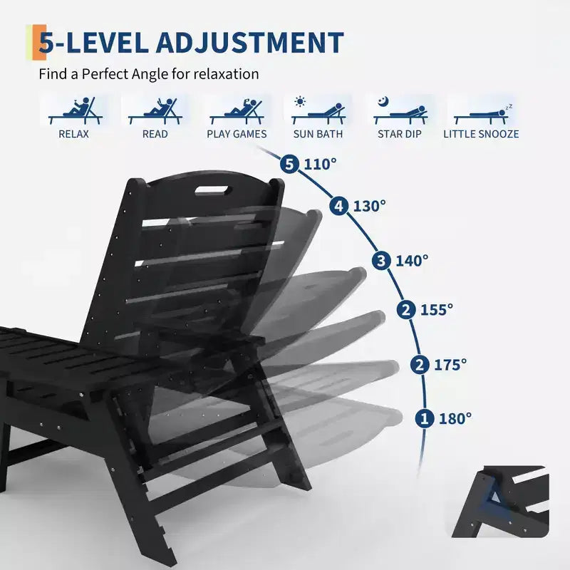 Oversized HDPE Folding Chaise Lounge Chair - 5-Position Adjustable, Integrated Cup Holder, Weather-Resistant Resin, for Patio Poolside Deck