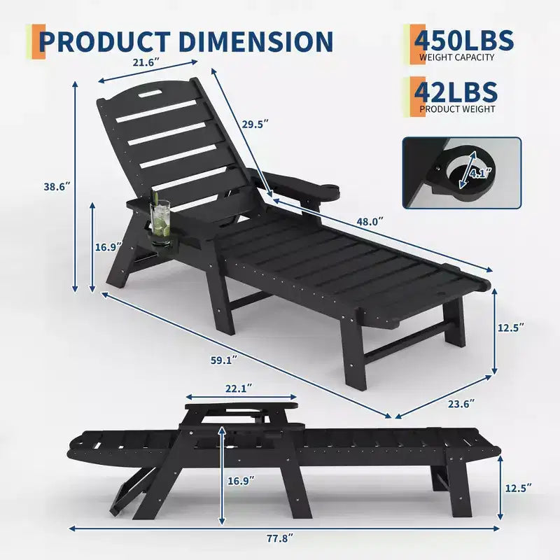 Oversized HDPE Folding Chaise Lounge Chair - 5-Position Adjustable, Integrated Cup Holder, Weather-Resistant Resin, for Patio Poolside Deck