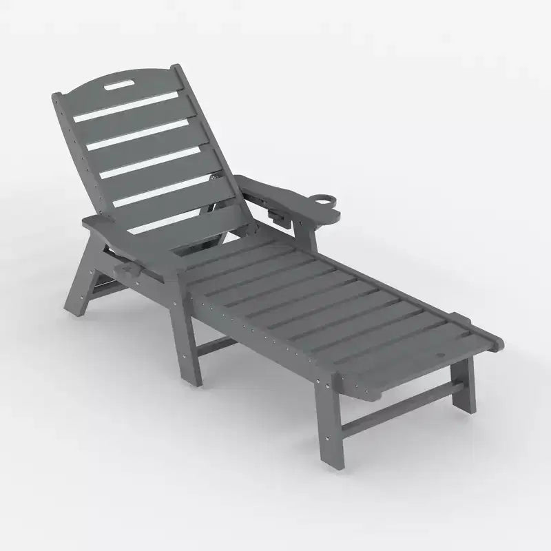 Oversized HDPE Folding Chaise Lounge Chair - 5-Position Adjustable, Integrated Cup Holder, Weather-Resistant Resin, for Patio Poolside Deck
