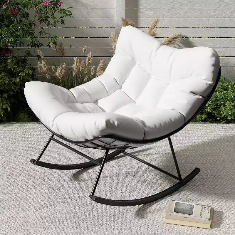 Heavy Duty Outdoor Rocking Papasan Chair, Metal Patio Rocker with Waterproof Cushion for Porch, Garden, Living Room & Indoor Lounge