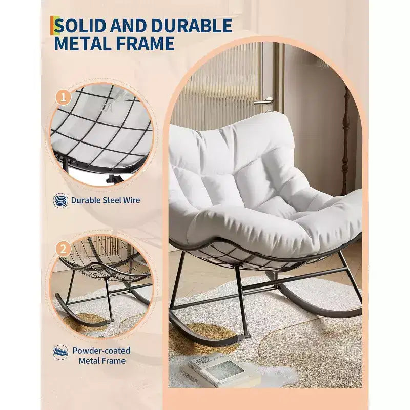 Heavy Duty Outdoor Rocking Papasan Chair, Metal Patio Rocker with Waterproof Cushion for Porch, Garden, Living Room & Indoor Lounge