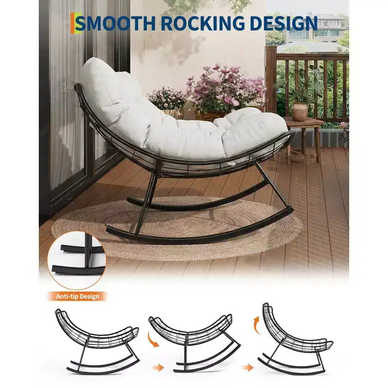 Heavy Duty Outdoor Rocking Papasan Chair, Metal Patio Rocker with Waterproof Cushion for Porch, Garden, Living Room & Indoor Lounge