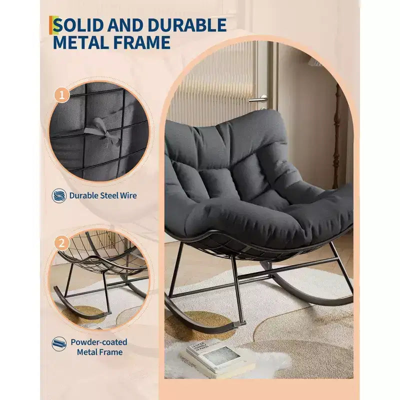 Heavy Duty Outdoor Rocking Papasan Chair, Metal Patio Rocker with Waterproof Cushion for Porch, Garden, Living Room & Indoor Lounge
