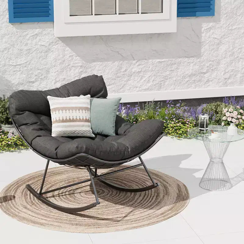 Heavy Duty Outdoor Rocking Papasan Chair, Metal Patio Rocker with Waterproof Cushion for Porch, Garden, Living Room & Indoor Lounge