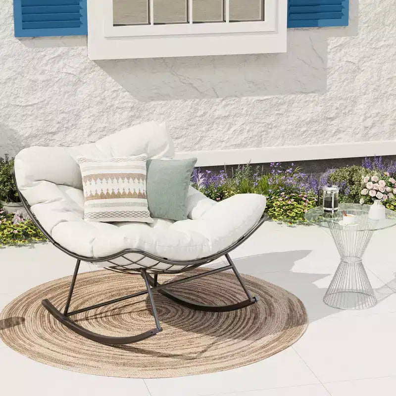 Heavy Duty Outdoor Rocking Papasan Chair, Metal Patio Rocker with Waterproof Cushion for Porch, Garden, Living Room & Indoor Lounge