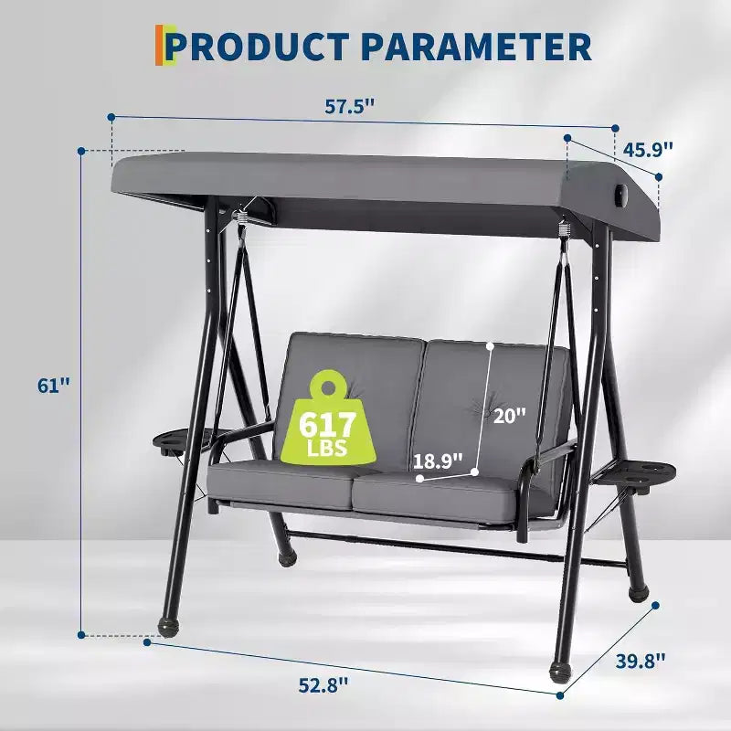 Adjustable Outdoor 2-Seater Swing Chair with Canopy, Padded Seat, Sturdy Iron Frame, Weather-Resistant Garden Bench for Patio, Balcony, or Backyard