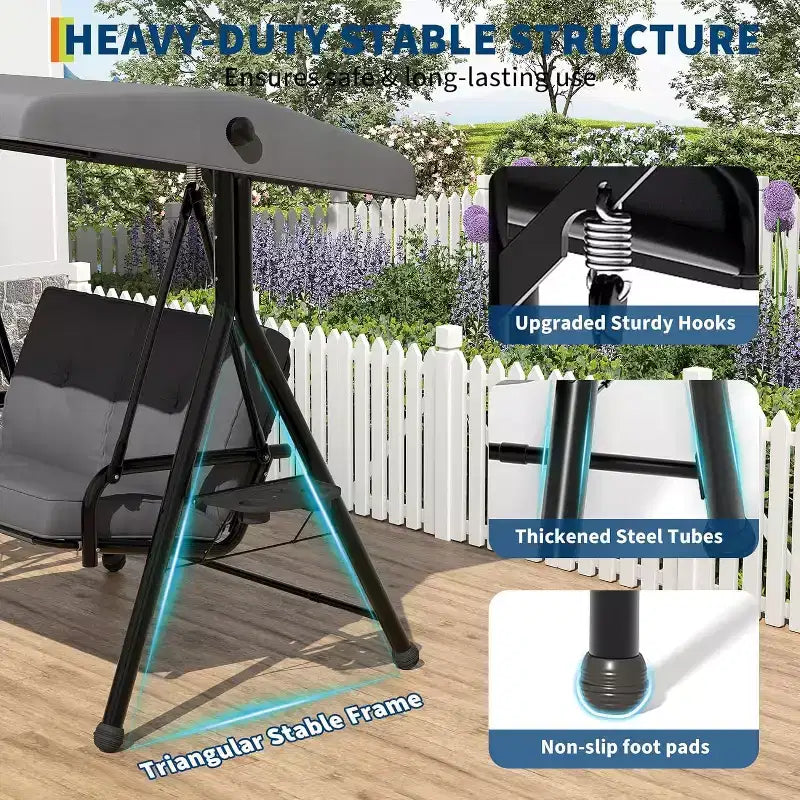 Adjustable Outdoor 2-Seater Swing Chair with Canopy, Padded Seat, Sturdy Iron Frame, Weather-Resistant Garden Bench for Patio, Balcony, or Backyard