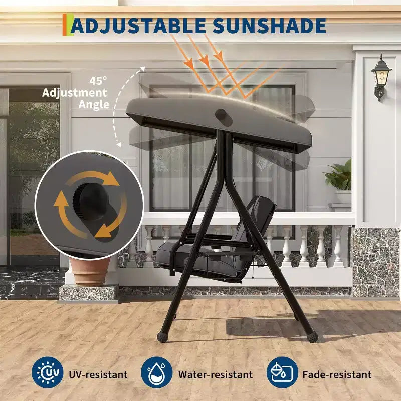 Adjustable Outdoor 2-Seater Swing Chair with Canopy, Padded Seat, Sturdy Iron Frame, Weather-Resistant Garden Bench for Patio, Balcony, or Backyard