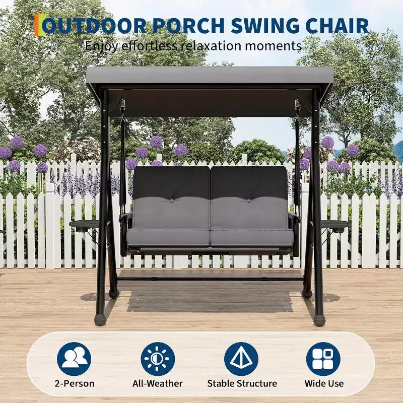 Adjustable Outdoor 2-Seater Swing Chair with Canopy, Padded Seat, Sturdy Iron Frame, Weather-Resistant Garden Bench for Patio, Balcony, or Backyard