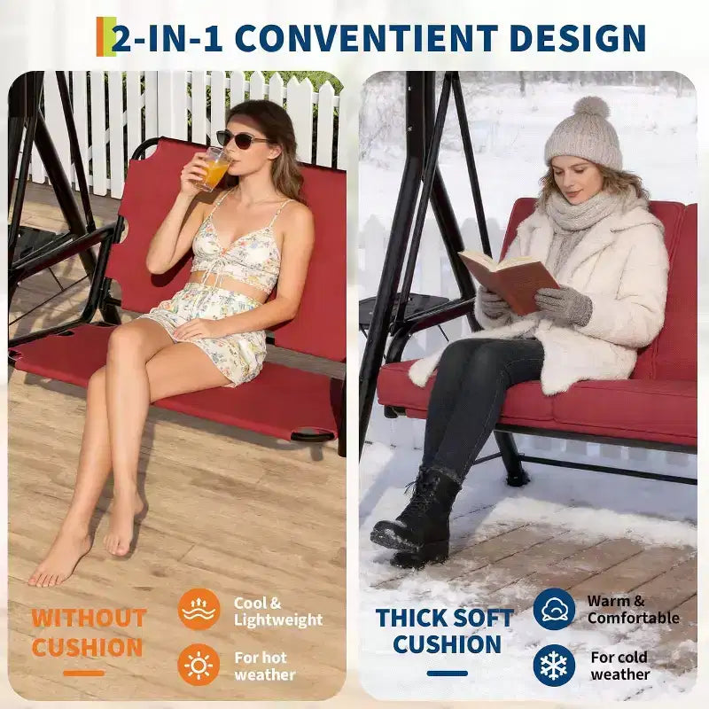 Adjustable Outdoor 2-Seater Swing Chair with Canopy, Padded Seat, Sturdy Iron Frame, Weather-Resistant Garden Bench for Patio, Balcony, or Backyard