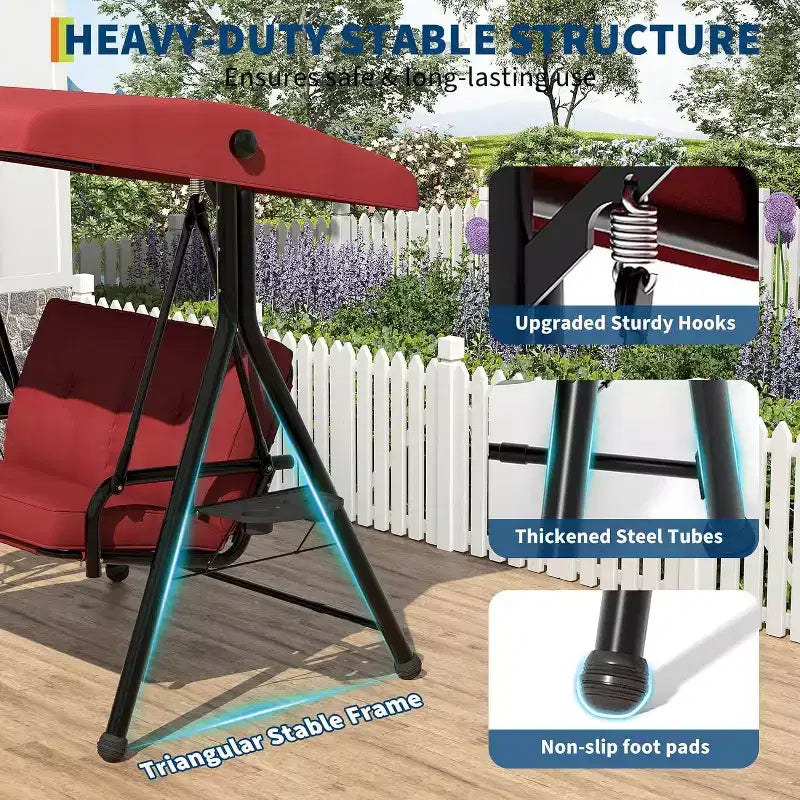 Adjustable Outdoor 2-Seater Swing Chair with Canopy, Padded Seat, Sturdy Iron Frame, Weather-Resistant Garden Bench for Patio, Balcony, or Backyard