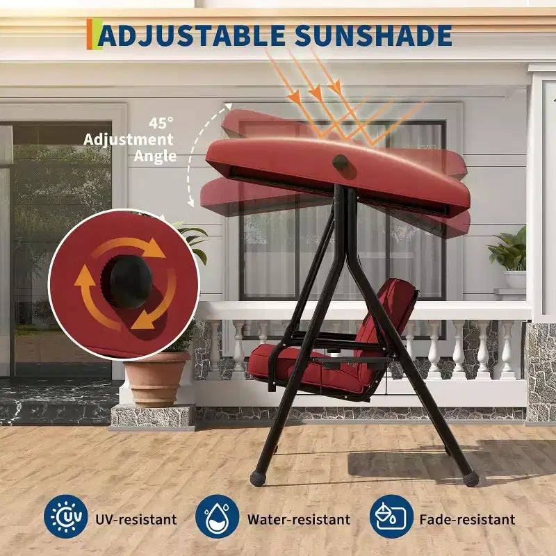 Adjustable Outdoor 2-Seater Swing Chair with Canopy, Padded Seat, Sturdy Iron Frame, Weather-Resistant Garden Bench for Patio, Balcony, or Backyard