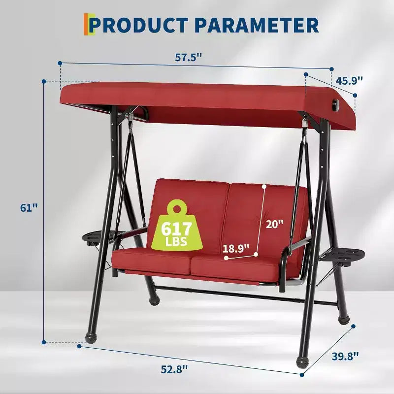 Adjustable Outdoor 2-Seater Swing Chair with Canopy, Padded Seat, Sturdy Iron Frame, Weather-Resistant Garden Bench for Patio, Balcony, or Backyard