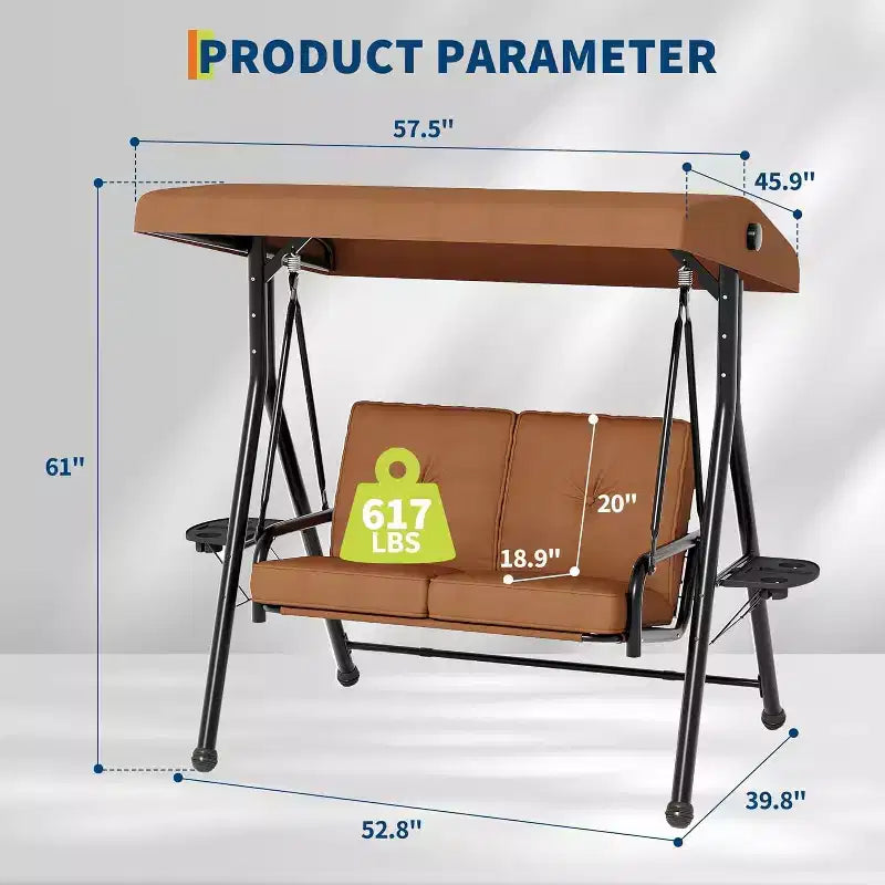 Adjustable Outdoor 2-Seater Swing Chair with Canopy, Padded Seat, Sturdy Iron Frame, Weather-Resistant Garden Bench for Patio, Balcony, or Backyard