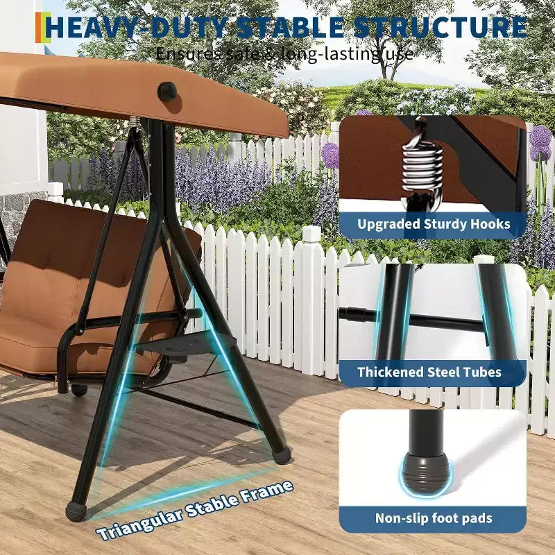 Adjustable Outdoor 2-Seater Swing Chair with Canopy, Padded Seat, Sturdy Iron Frame, Weather-Resistant Garden Bench for Patio, Balcony, or Backyard