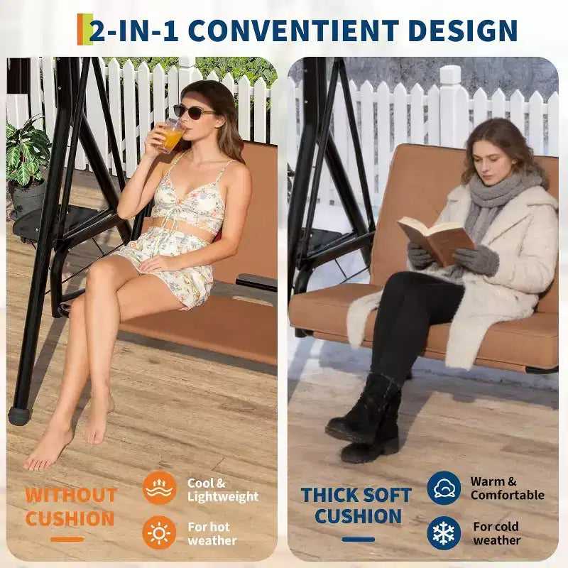 Adjustable Outdoor 2-Seater Swing Chair with Canopy, Padded Seat, Sturdy Iron Frame, Weather-Resistant Garden Bench for Patio, Balcony, or Backyard
