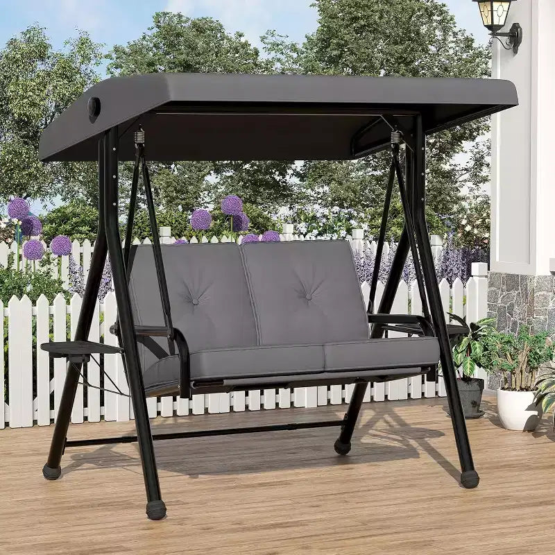 Adjustable Outdoor 2-Seater Swing Chair with Canopy, Padded Seat, Sturdy Iron Frame, Weather-Resistant Garden Bench for Patio, Balcony, or Backyard