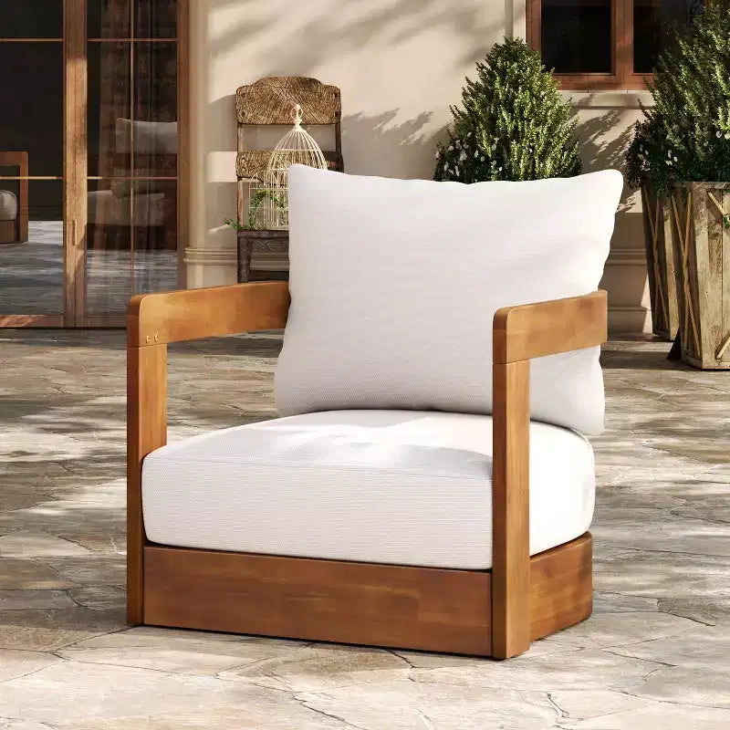 Acacia Wood Outdoor Club Chair with Curved Tub Design, Water-Resistant Cushions, Slat Detailing for Patio or Garden