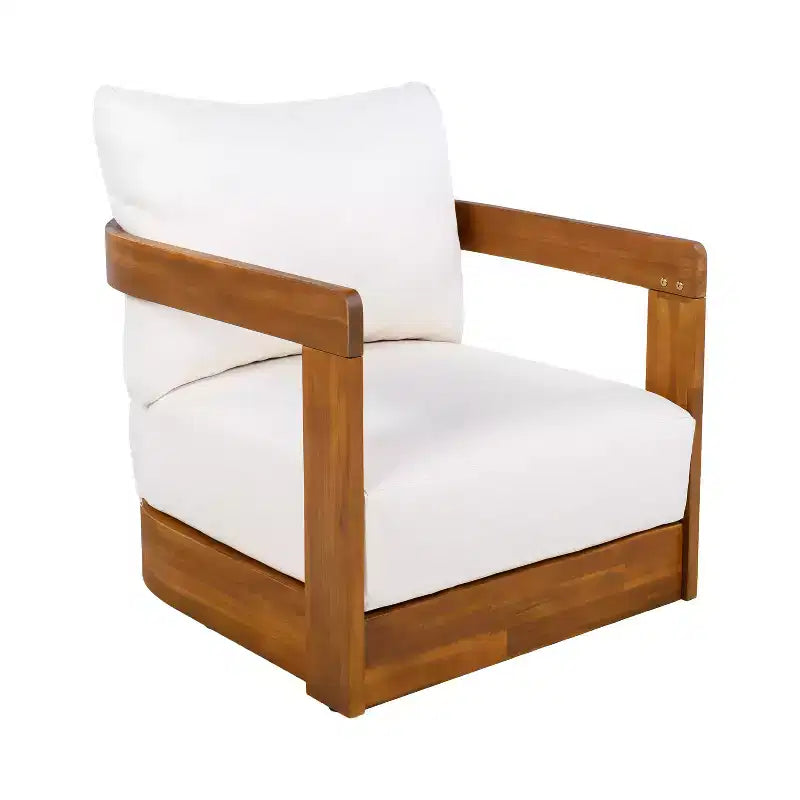 Acacia Wood Outdoor Club Chair with Curved Tub Design, Water-Resistant Cushions, Slat Detailing for Patio or Garden
