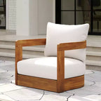 Acacia Wood Outdoor Club Chair with Curved Tub Design, Water-Resistant Cushions, Slat Detailing for Patio or Garden