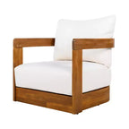 Acacia Wood Outdoor Club Chair with Curved Tub Design, Water-Resistant Cushions, Slat Detailing for Patio or Garden