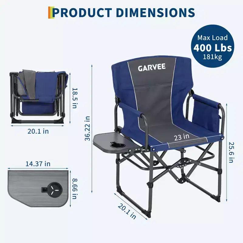 2-Pack Oversized Directors Camping Chairs for Adults, Heavy Duty 400 lbs Portable Folding Lawn Chair with Side Table for Sports, Picnic & Beach
