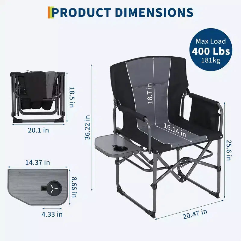 2-Pack Oversized Directors Camping Chairs for Adults, Heavy Duty 400 lbs Portable Folding Lawn Chair with Side Table for Sports, Picnic & Beach