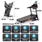 Incline Treadmill 20% Auto, Foldable Home Treadmill with Handle Bar, 5HP Quiet Brushless Motor, LED Display, 400 LBS Capacity