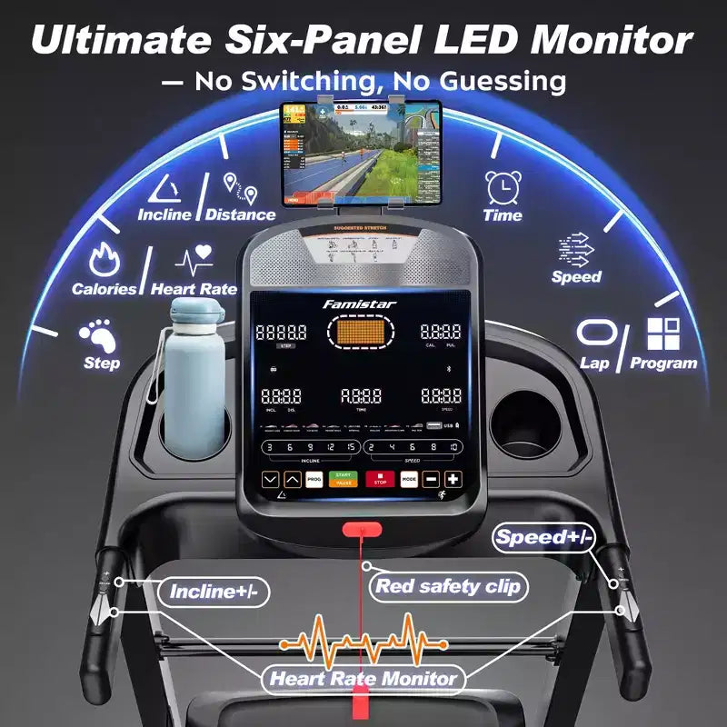 Incline Treadmill 20% Auto, Foldable Home Treadmill with Handle Bar, 5HP Quiet Brushless Motor, LED Display, 400 LBS Capacity