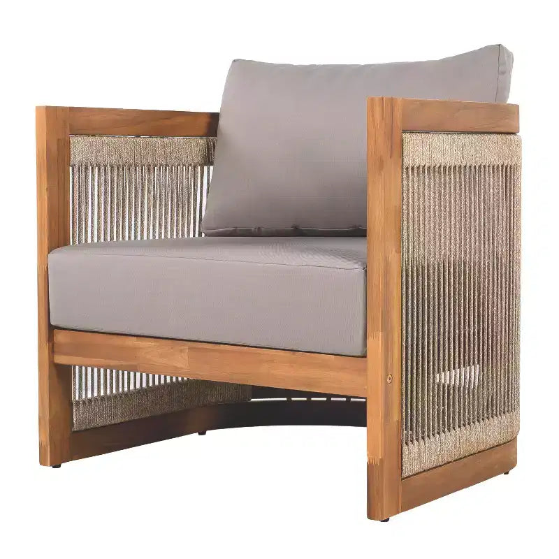 Acacia Wood Outdoor Club Chair with Curved Tub Design, Woven Rope Accents, Water-Resistant Cushions, Slat Construction for Patio or Garden